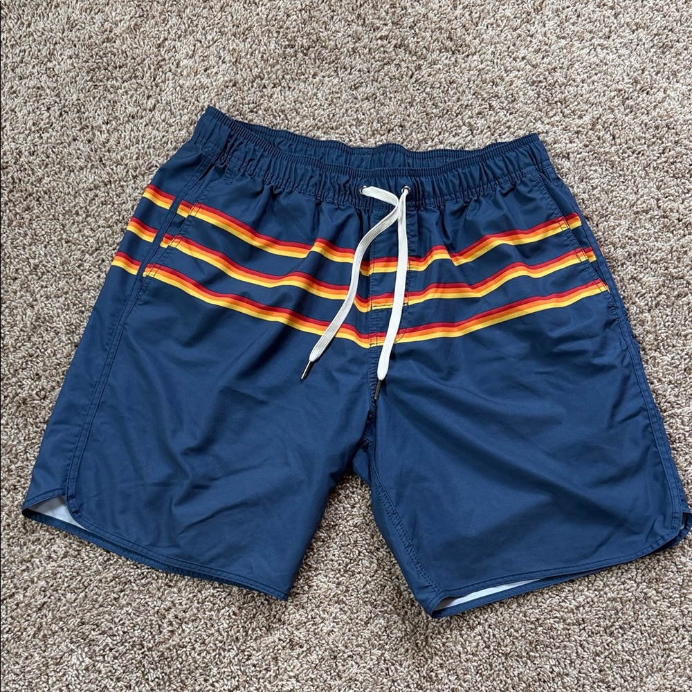 Fair Harbor Navy Swim Trunks with Red & Yellow Stripe Detail